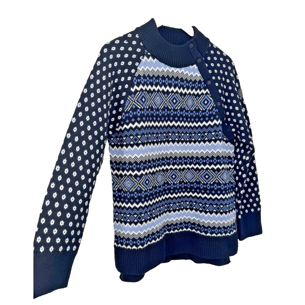 T by Talbots Fair Isle Thermolite Snap Mockneck Sweater Black/Blue Womens M NWT